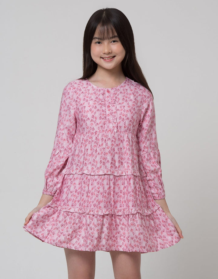 Aero Long Sleeve Midi Dress Rayon Woven Full Print Leaves