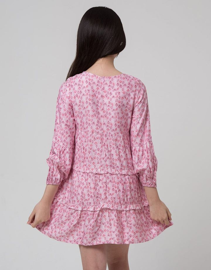 Aero Long Sleeve Midi Dress Rayon Woven Full Print Leaves