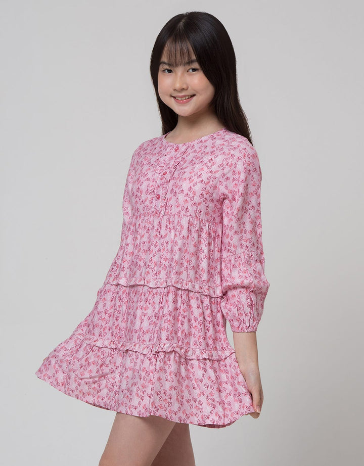 Aero Long Sleeve Midi Dress Rayon Woven Full Print Leaves