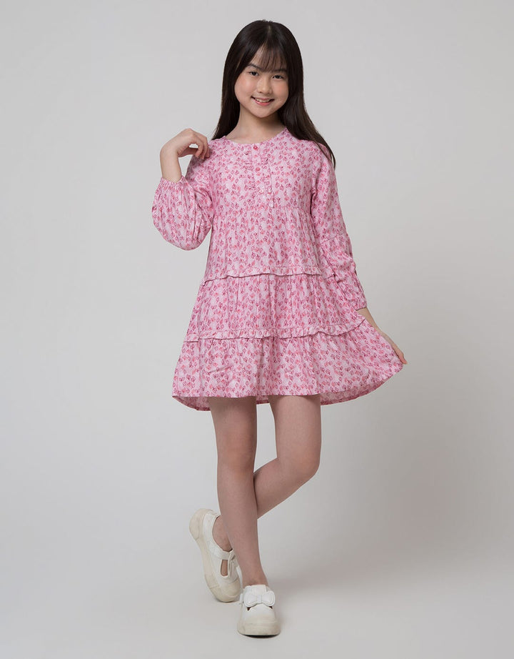 Aero Long Sleeve Midi Dress Rayon Woven Full Print Leaves