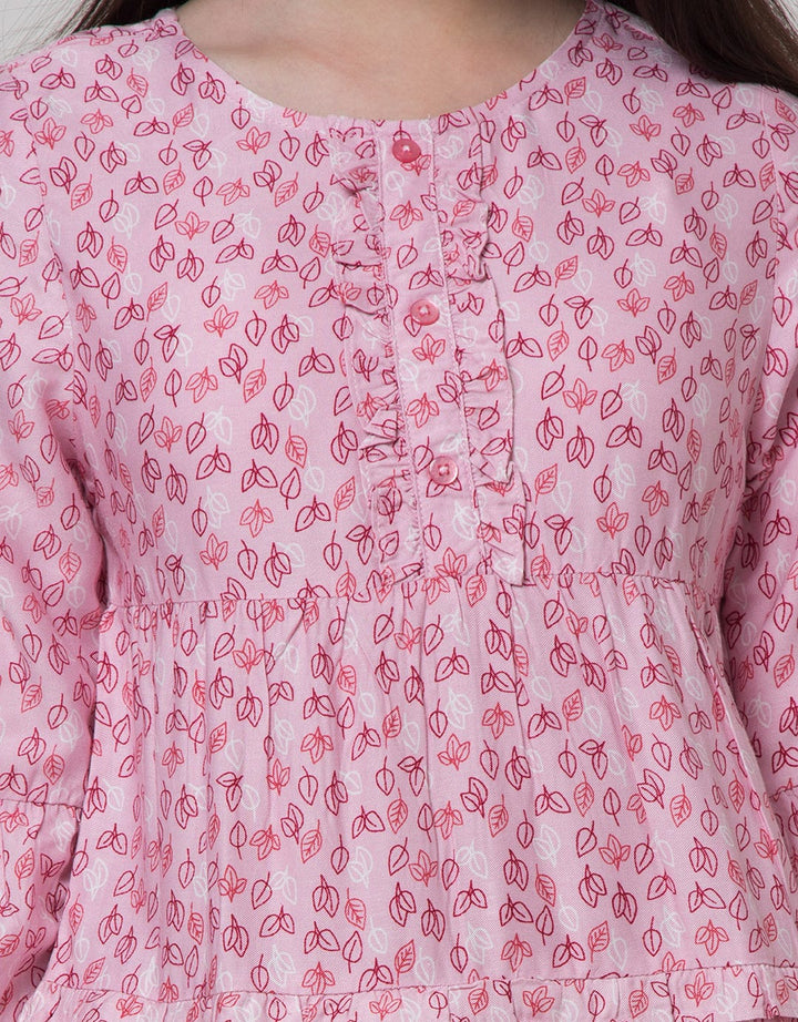 Aero Long Sleeve Midi Dress Rayon Woven Full Print Leaves