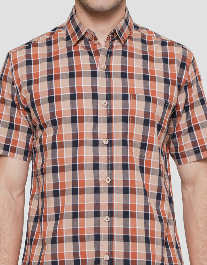 Cardinal Casual Plaid Motif Kemeja Lengan Pendek Pria