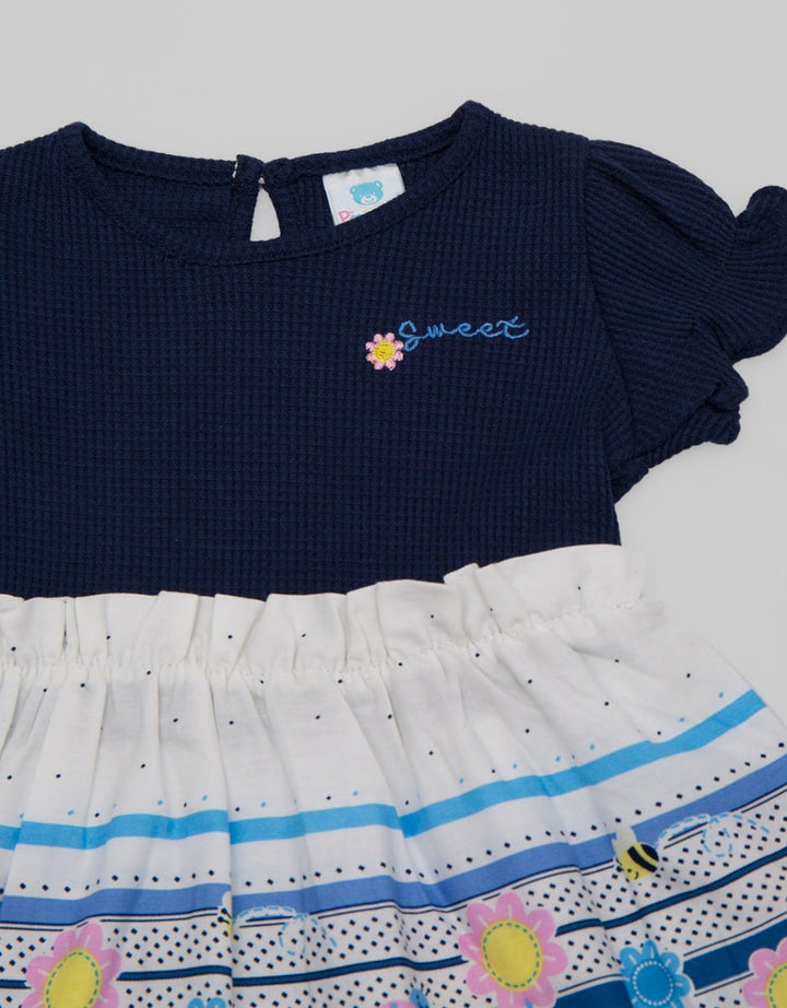 Pipiniko Short Sleeve Midi Dress Knit Combi Woven Sweet Bee