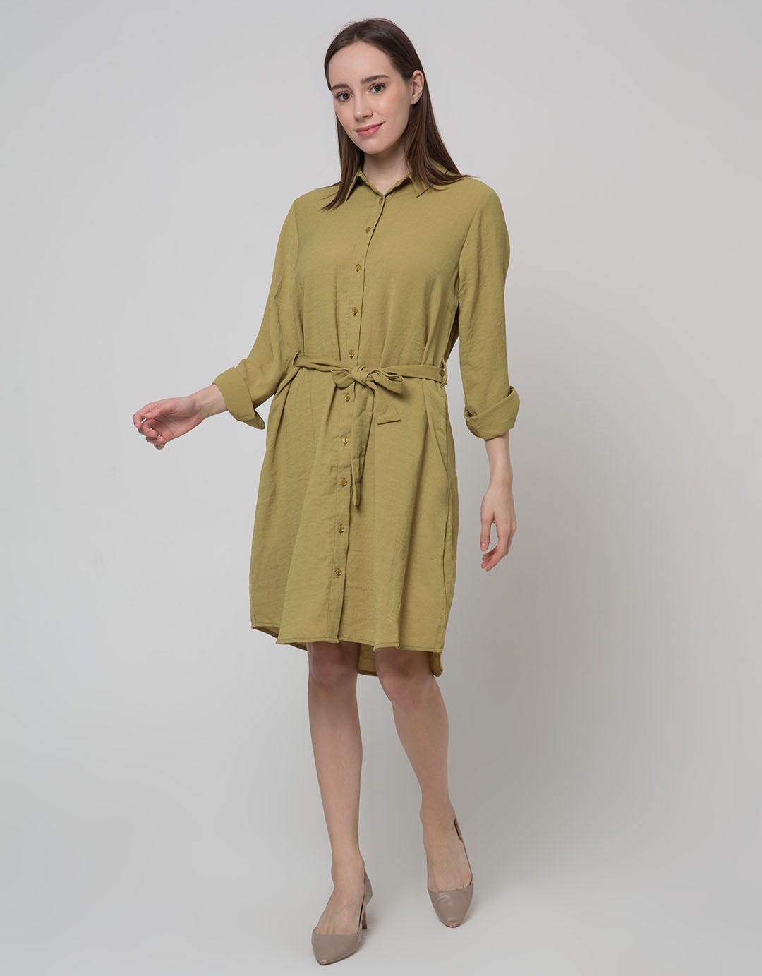 Connexion Long Sleeve Midi Dress Collar With Belt