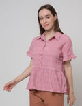 Connexion Short Sleeve Blouse Poly Rayon Check Ruffle Top