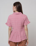 Connexion Short Sleeve Blouse Poly Rayon Check Ruffle Top