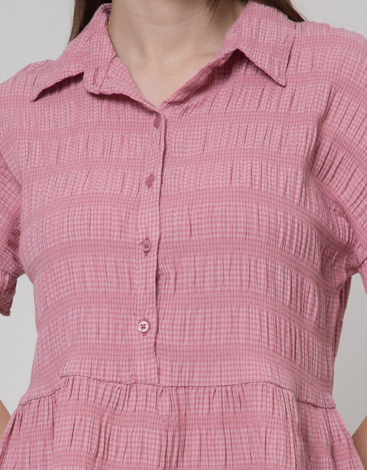 Connexion Short Sleeve Blouse Poly Rayon Check Ruffle Top