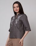St. Yves Long Sleeve Blouse Poly Linen With Embroidery