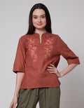 St. Yves Long Sleeve Blouse Poly Linen With Embroidery