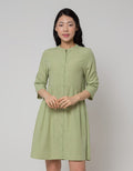 Details Midi Dress With 7/8 Sleeves And Half Moon Frill At Waist