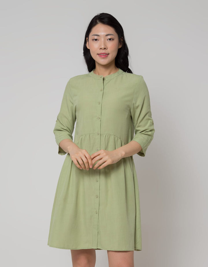Details Midi Dress With 7/8 Sleeves And Half Moon Frill At Waist
