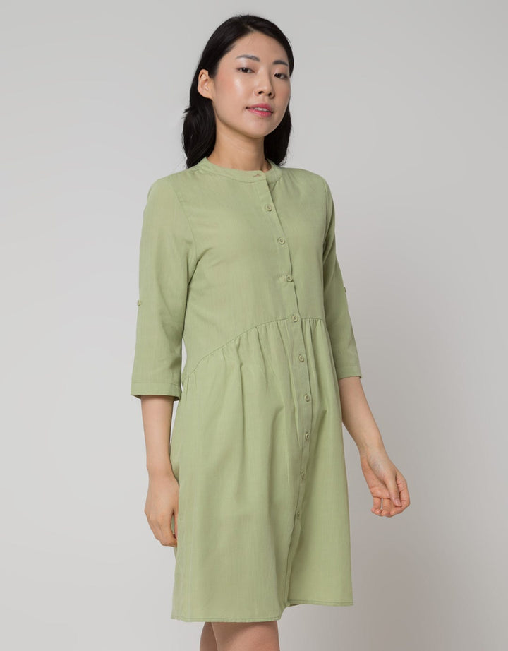 Details Midi Dress With 7/8 Sleeves And Half Moon Frill At Waist