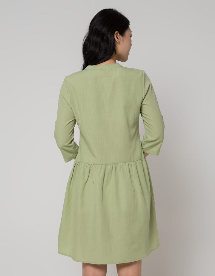 Details Midi Dress With 7/8 Sleeves And Half Moon Frill At Waist