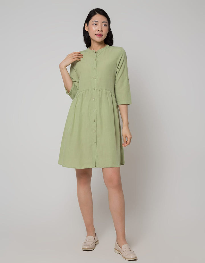 Details Midi Dress With 7/8 Sleeves And Half Moon Frill At Waist