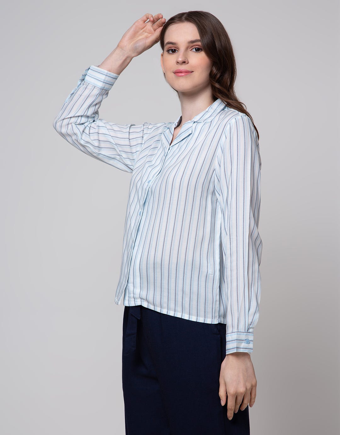 Details Long Sleeve Shirt With Stripes Print