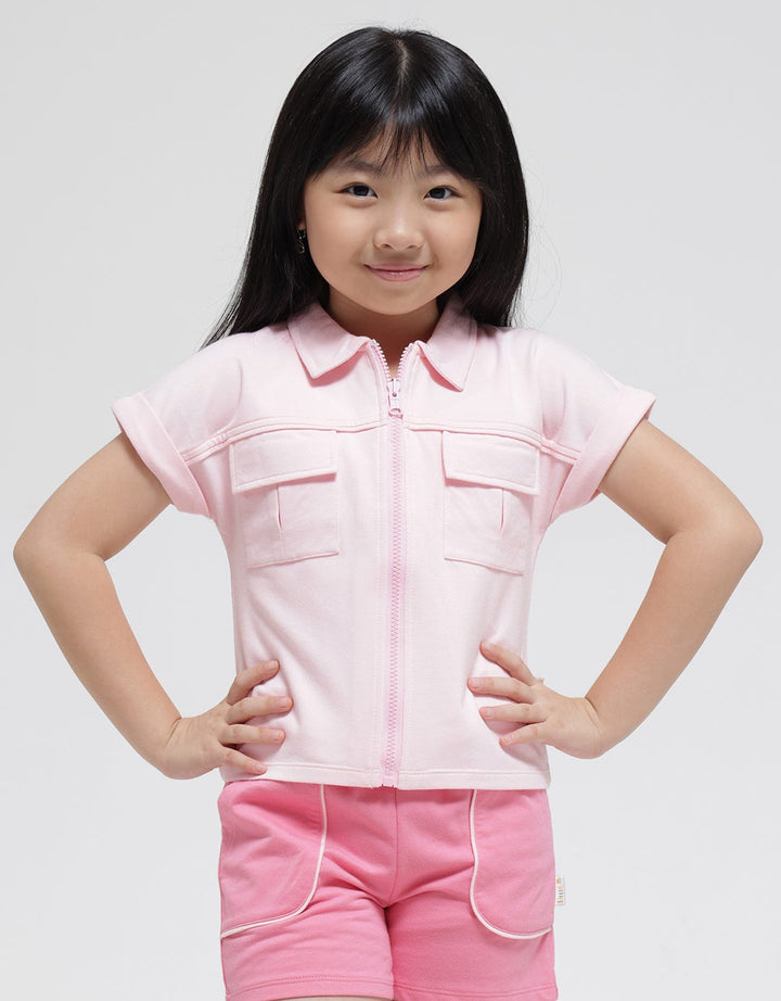 Little M Short Sleeve T-Shirt Zipper Collar Two Pockets