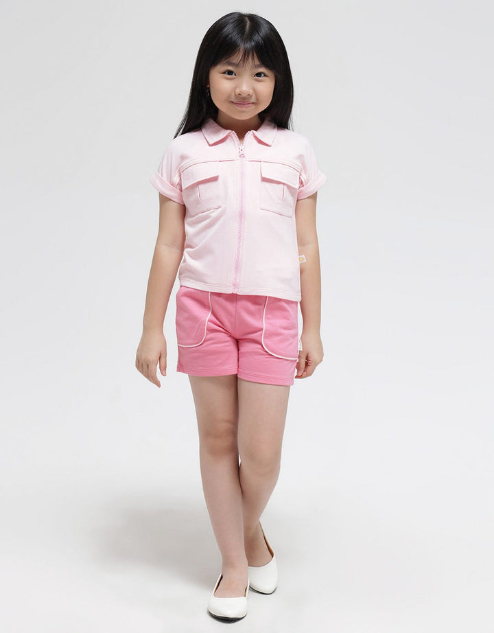 Little M Short Sleeve T-Shirt Zipper Collar Two Pockets