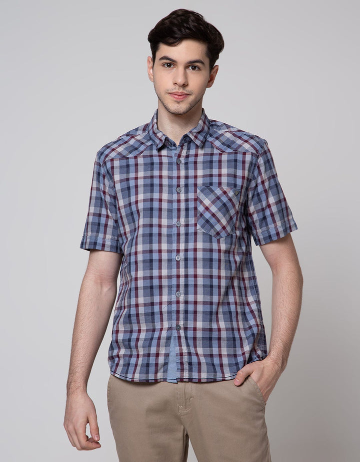 Watchout Jeans Plaid Short Kemeja Pria