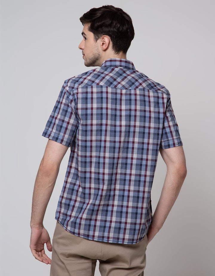 Watchout Jeans Plaid Short Kemeja Pria