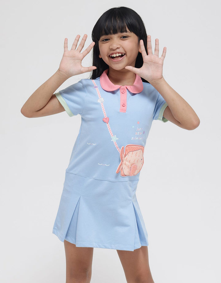 Little M Short Sleeve Midi Dress Collar Application Ocean Bag