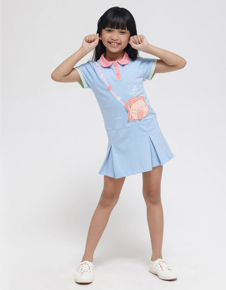 Little M Short Sleeve Midi Dress Collar Application Ocean Bag