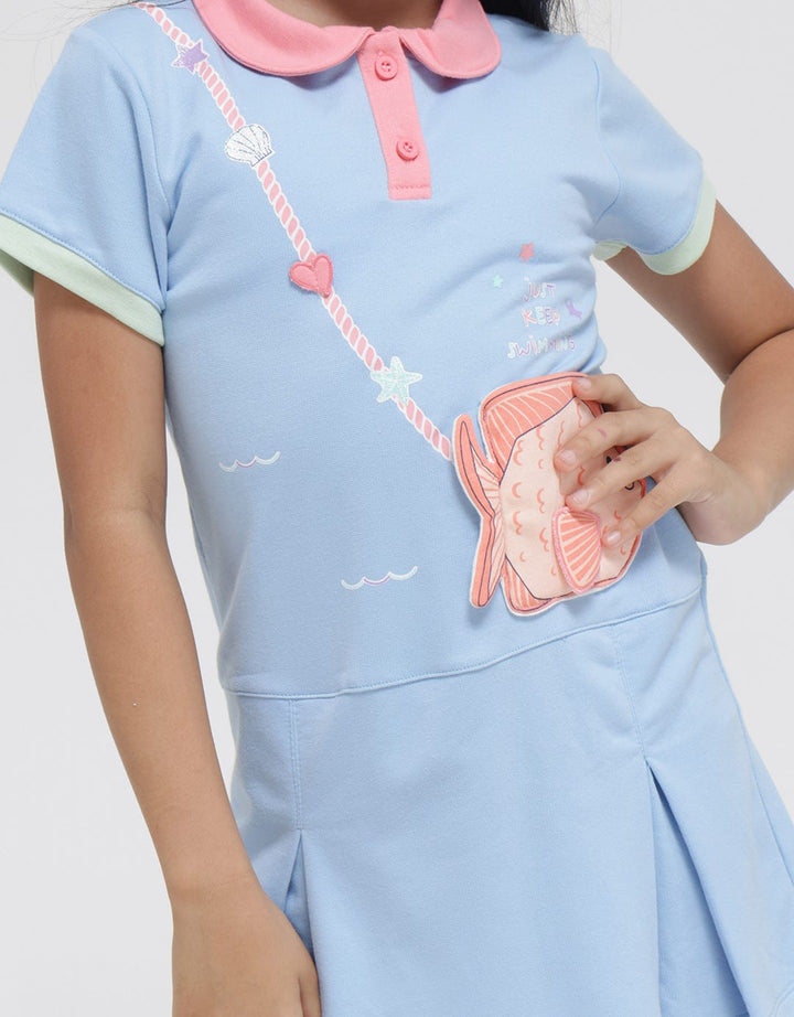 Little M Short Sleeve Midi Dress Collar Application Ocean Bag