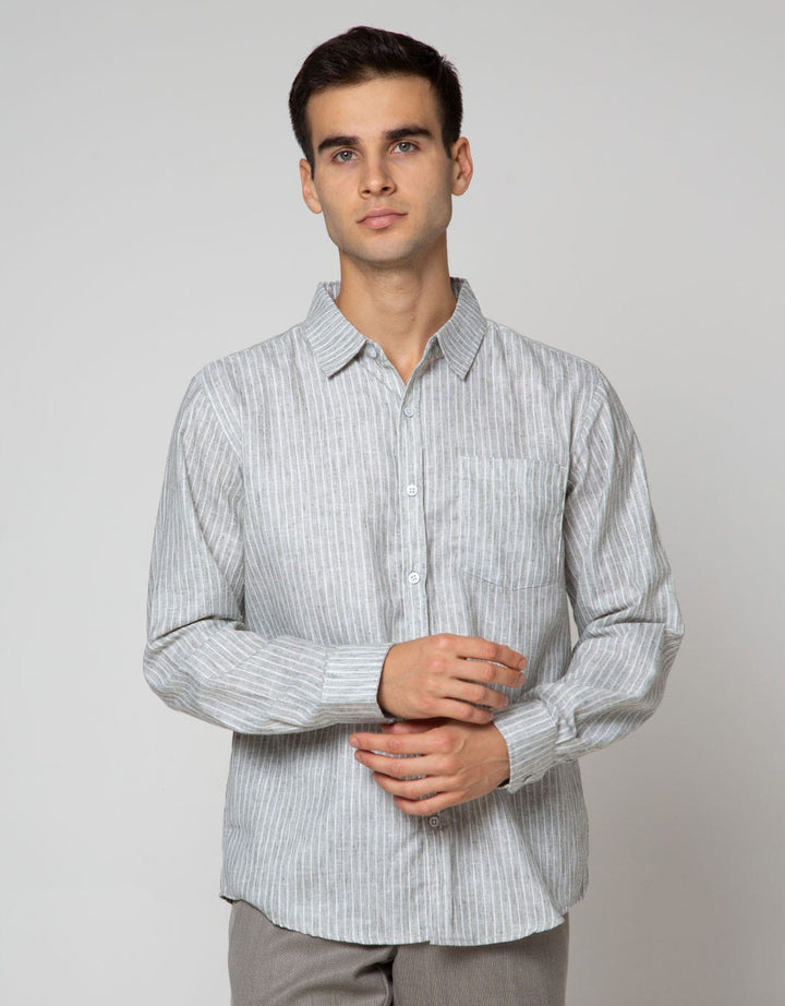 Details Long Sleeve Shirt Stripe Linen Slub Slim Fit