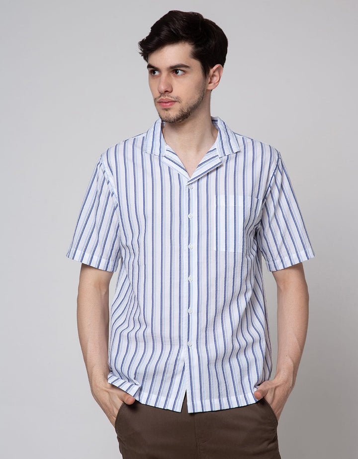 Details Short Sleeve Shirt Stripe Seersucker Regular Collar Slim Fit