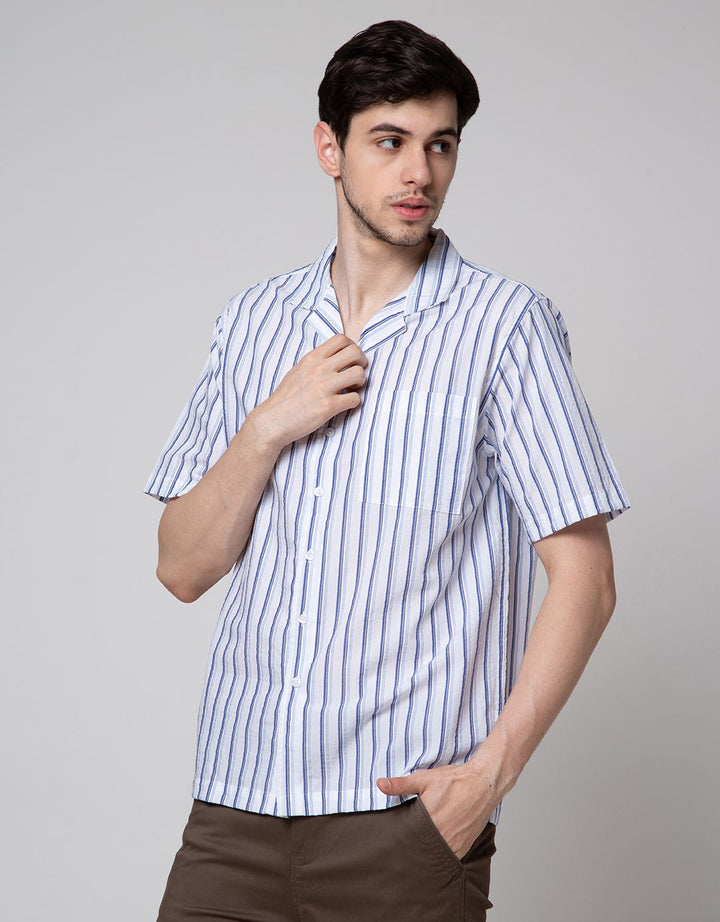 Details Short Sleeve Shirt Stripe Seersucker Regular Collar Slim Fit