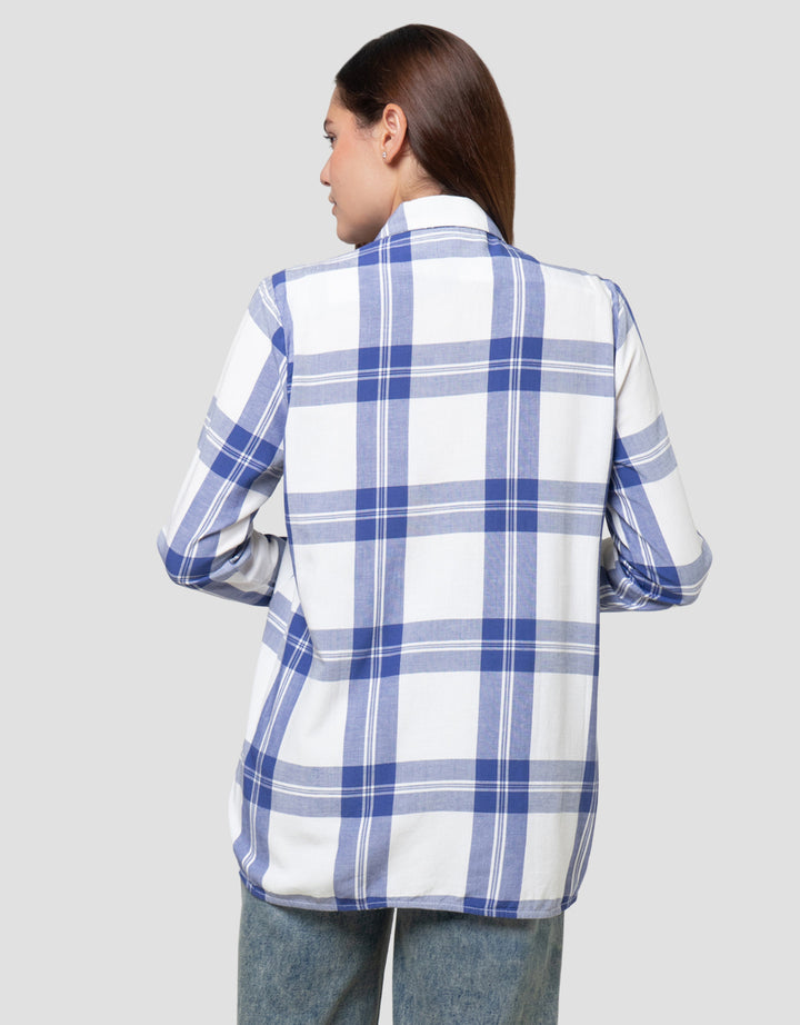 Cardinal Girl Print Big Check Kemeja Lengan Panjang Wanita