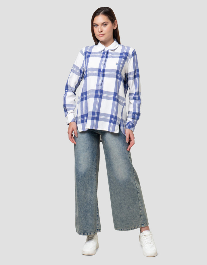 Cardinal Girl Print Big Check Kemeja Lengan Panjang Wanita