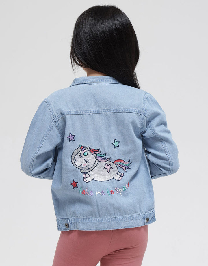 Little M Denim Jacket Bordir Unicorn Planet Belakang