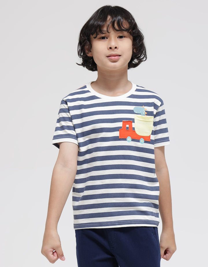 Little M Stripe Kantong Aplikasi Kaos Lengan Pendek Anak Laki-Laki