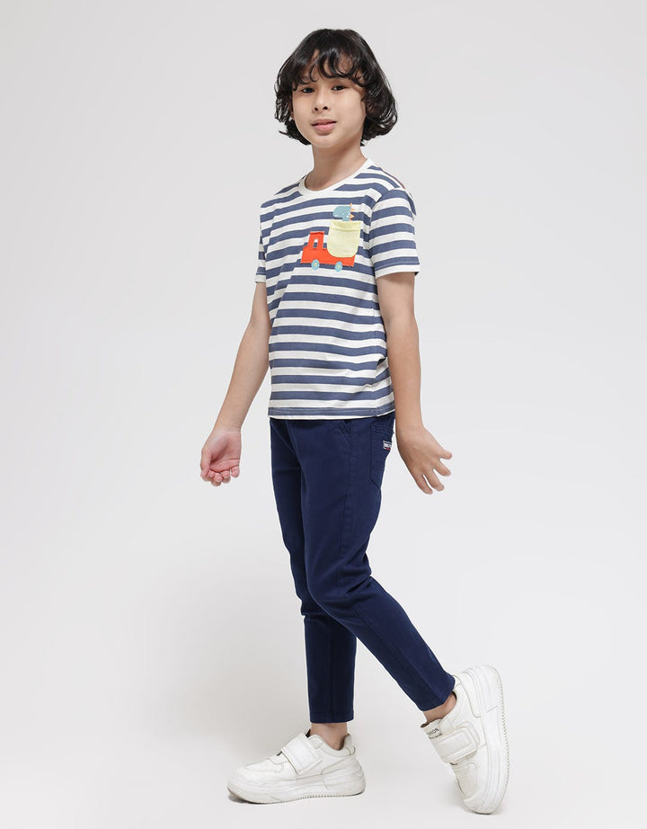 Little M Stripe Kantong Aplikasi Kaos Lengan Pendek Anak Laki-Laki