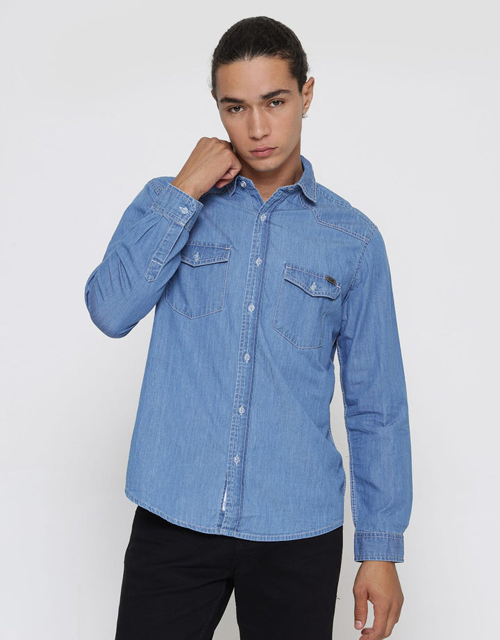 Lois Denim Pocket Kemeja Lengan Panjang Pria