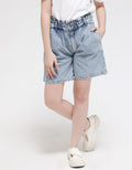 Nevada Denim Short Pants Bermuda Paperbag Waist Acid Washed
