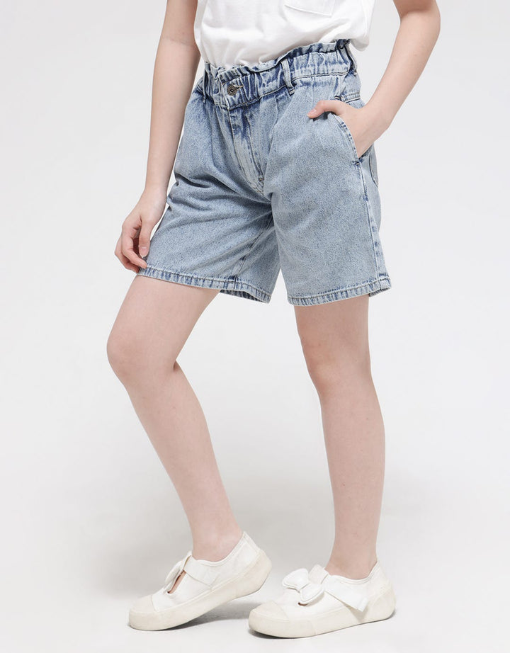 Nevada Denim Short Pants Bermuda Paperbag Waist Acid Washed