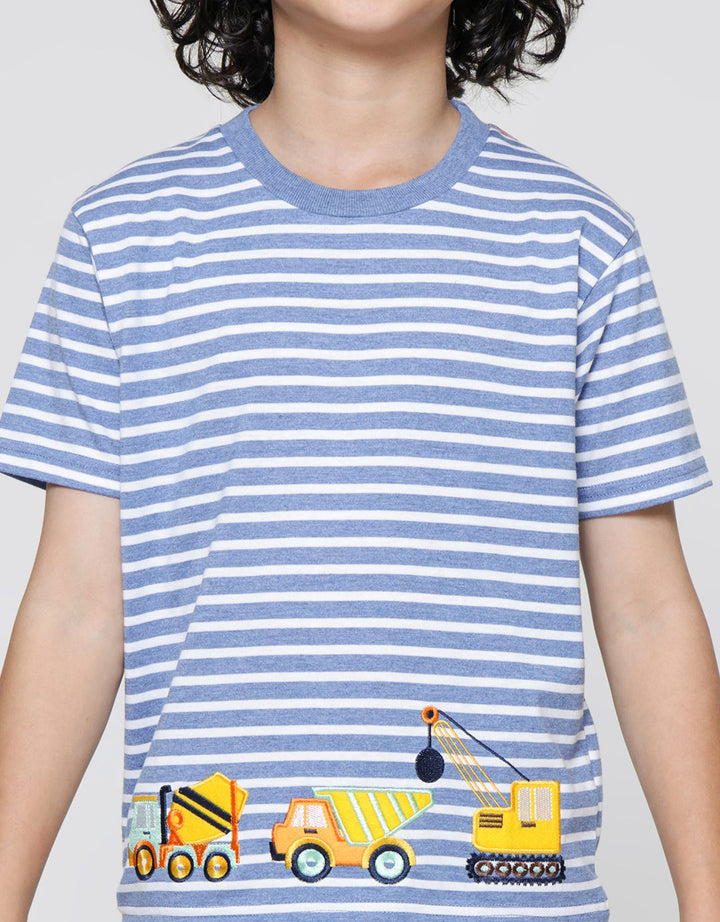 Little M Stripe Yd Car Embroidery Boys Short Sleeve T-Shirt
