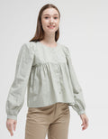 Details Long Sleeve Blouse With Front Placket At Waist