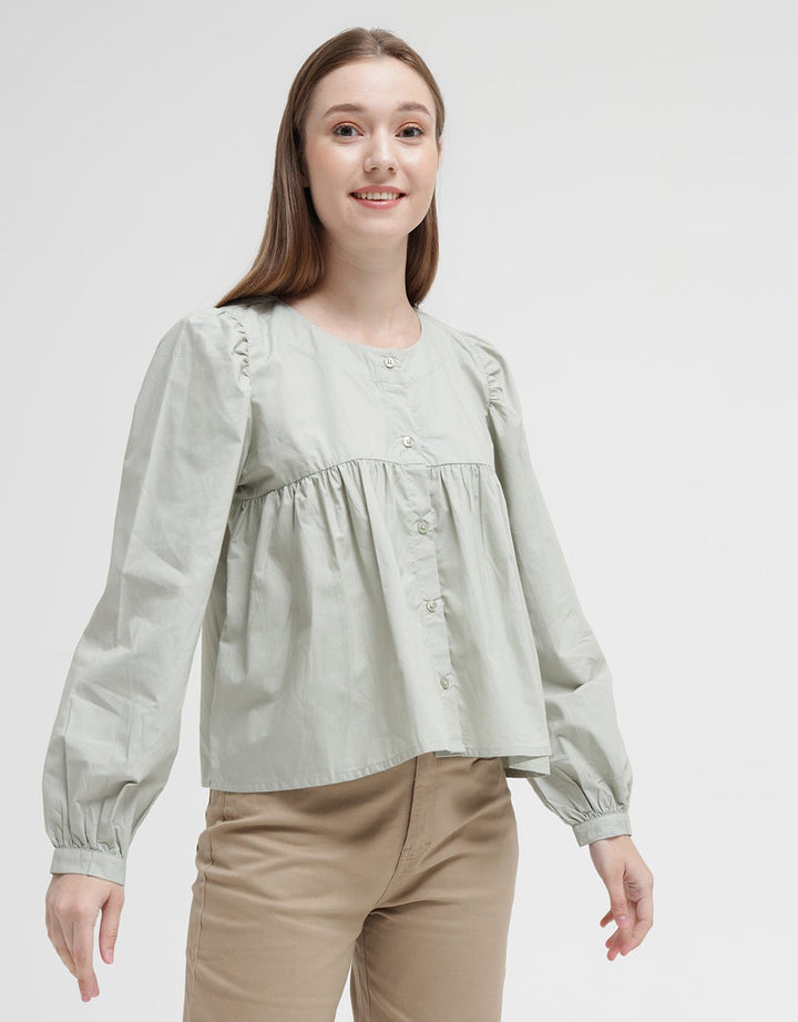 Details Long Sleeve Blouse With Front Placket At Waist