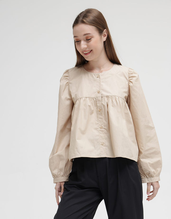 Details Long Sleeve Blouse With Front Placket At Waist