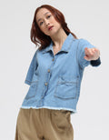 Details Short Sleeve Shirt Denim Top Boxy With Pocket
