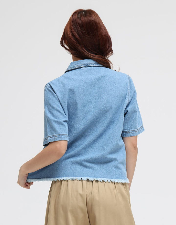 Details Short Sleeve Shirt Denim Top Boxy With Pocket