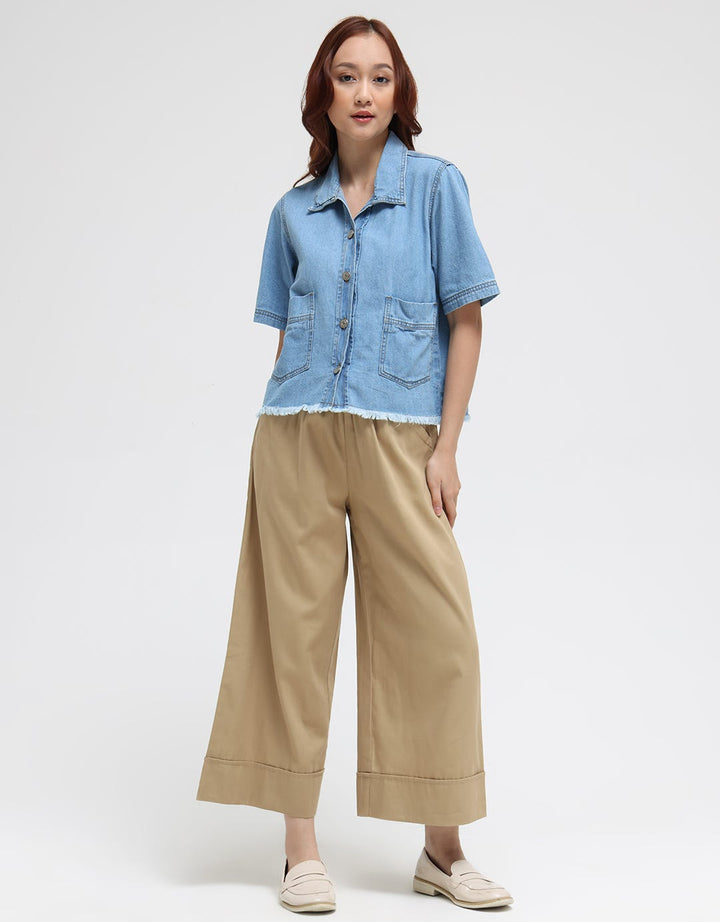 Details Short Sleeve Shirt Denim Top Boxy With Pocket