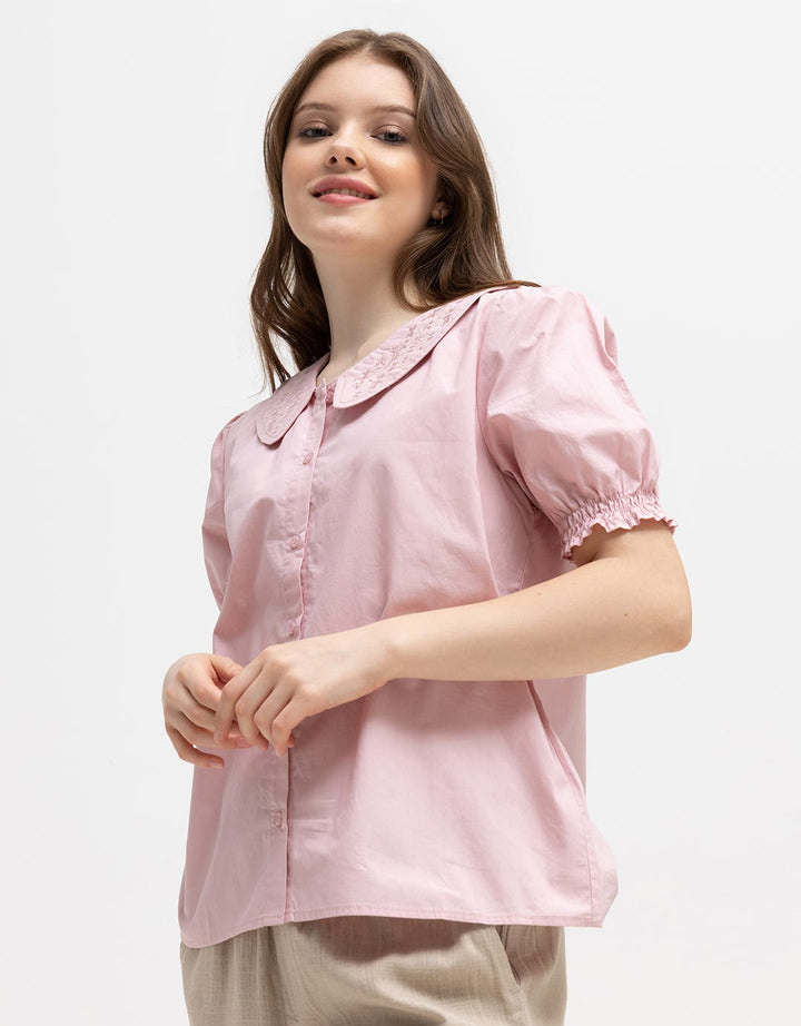 Connexion Short Sleeve Blouse Cotton Embro Collar