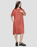 St. Yves Collar Linen Washing Midi Dress Wanita