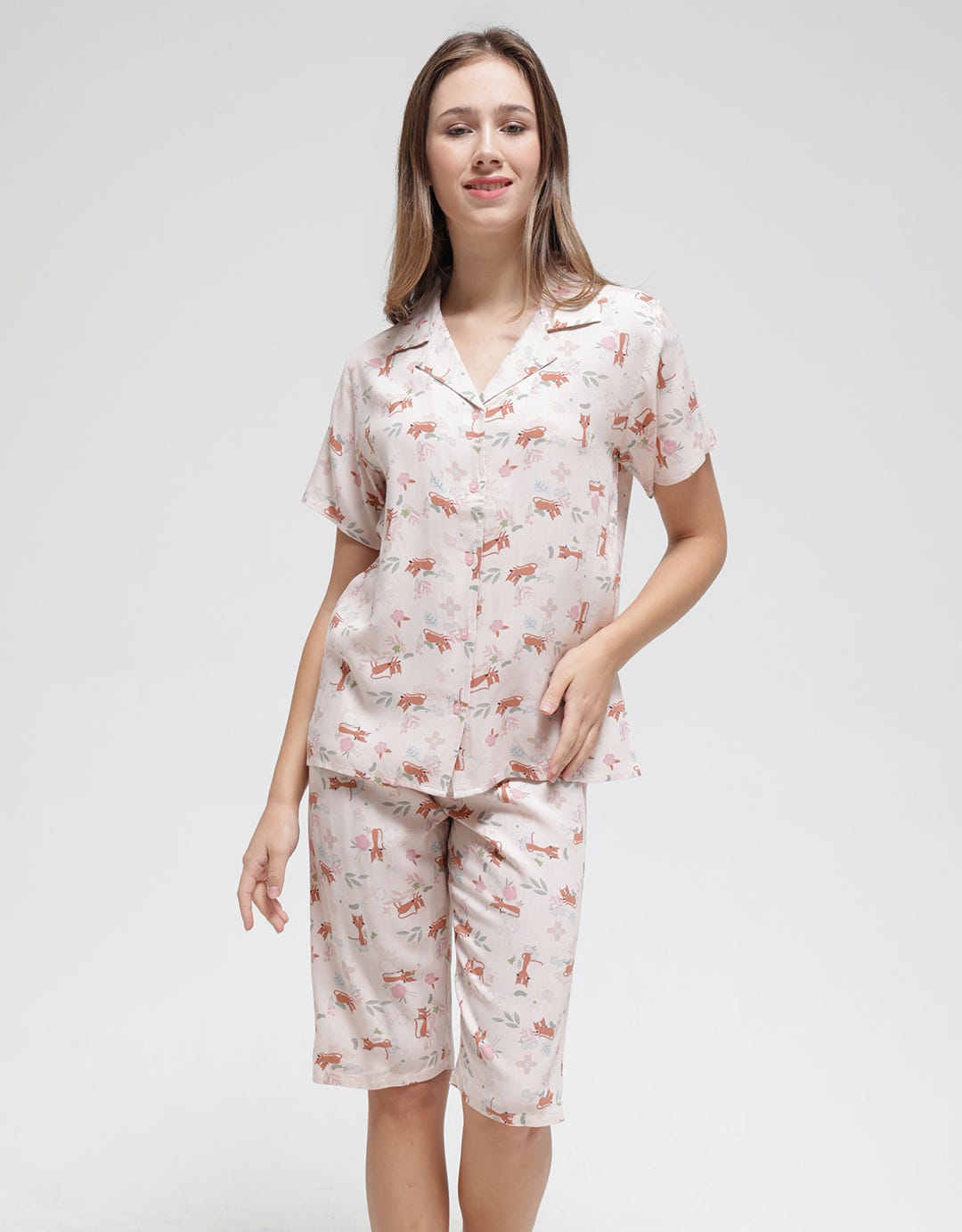 Nevada Short Sleeve Pajama Capri Pastel Cat