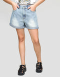 Details Denim Short Pants With Folded Hem And Destroyed Effect
