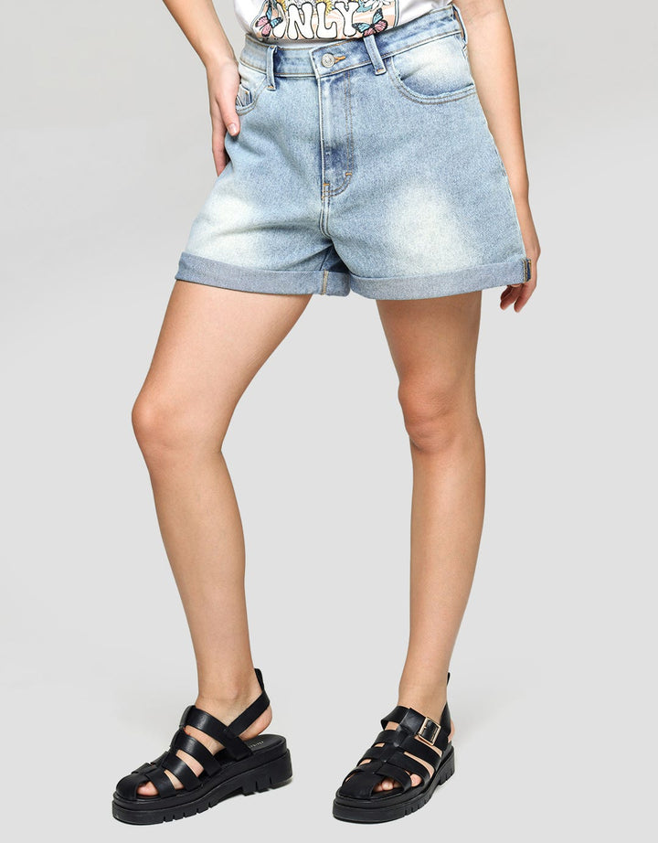 Details Denim Short Pants With Folded Hem And Destroyed Effect