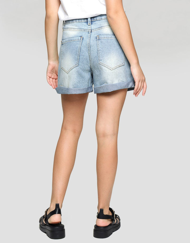 Details Denim Short Pants With Folded Hem And Destroyed Effect